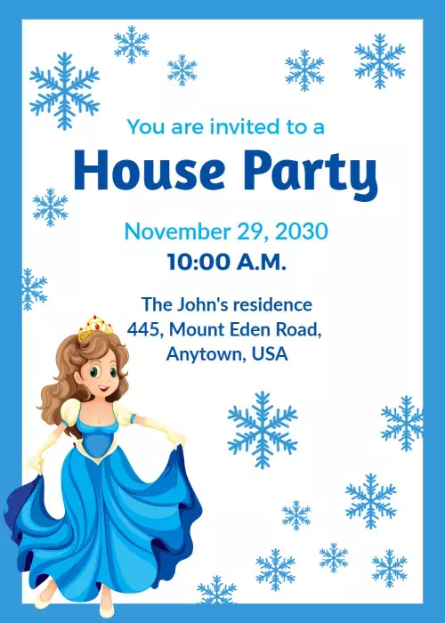 Charming Princess Winter House Party Kids Birthday Invitation Template