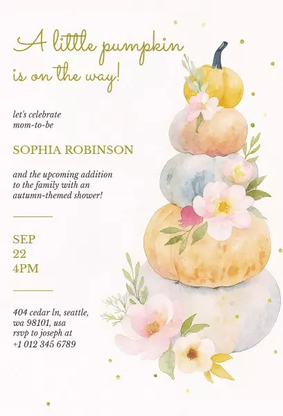 Charming Pumpkin Autumn Baby Shower Celebration Invitation Template