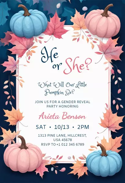 Charming Pumpkin Theme Gender Reveal Celebration Invitation Template