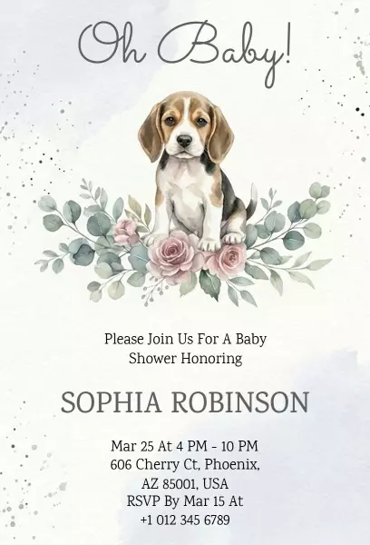 Charming Puppy Floral Design Baby Shower Invitation Template