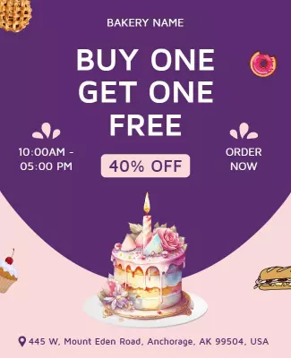 Charming Purple Bakery Buy One Get One Free Offer Poster Template