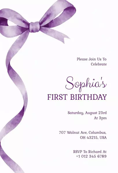 Charming Purple Bow First Birthday Celebration Invitation Template