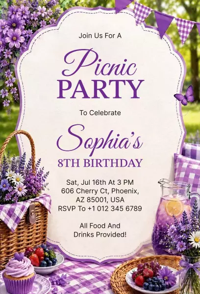 Charming Purple Picnic Birthday Celebration Invitation Template