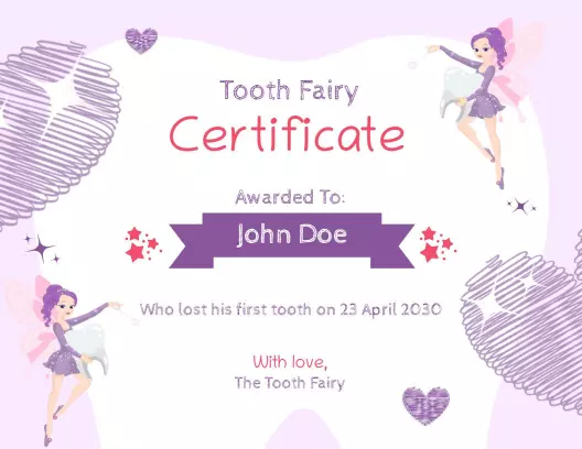 Charming Purple Tooth Fairy Milestone Celebration Certificate Template