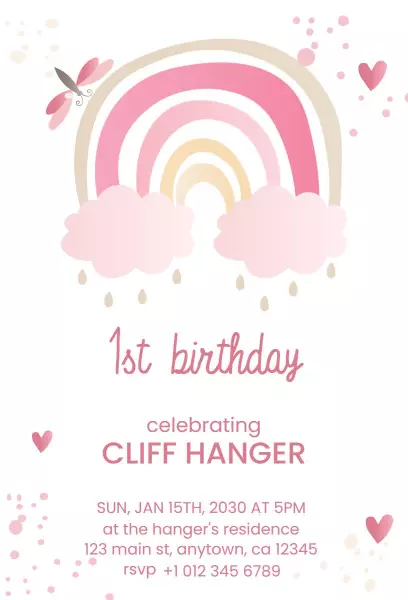 Charming Rainbow Pink 1st Birthday Celebration Invitation Template