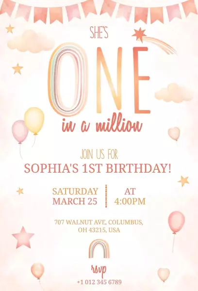 Charming Rainbow Theme 1st Birthday Celebration Invitation Template