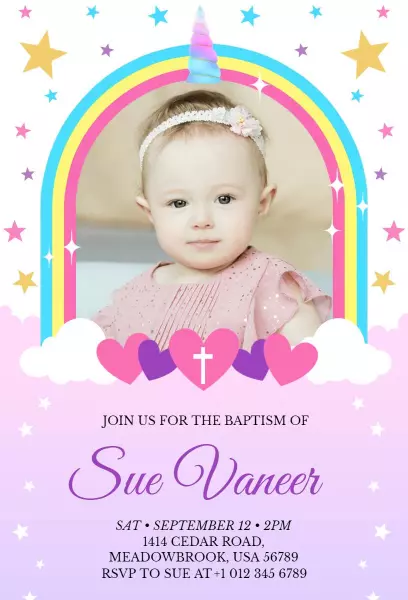 Charming Rainbow Unicorn Themed Baptism Invitation Template