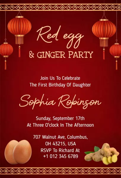 Charming Red Egg Ginger 1st Birthday Celebration Invitation Template