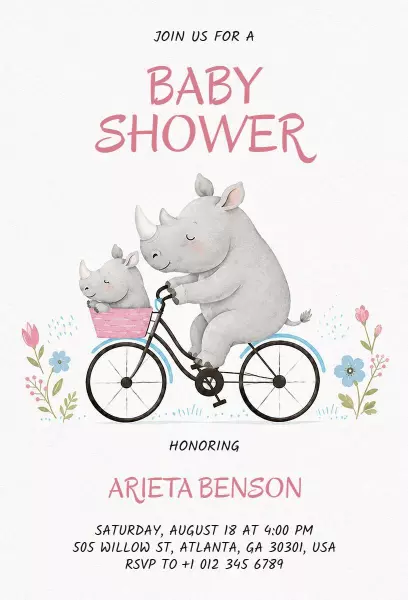 Charming Rhino Theme Adorable Baby Shower Invitation Template