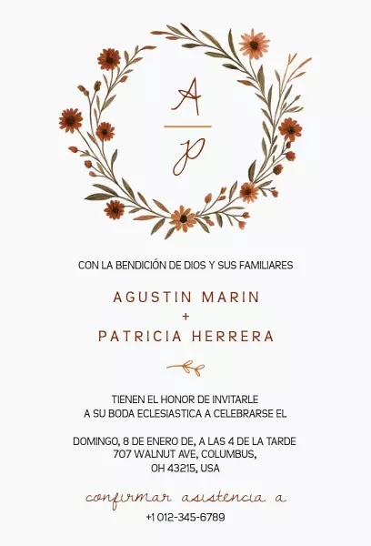 Charming Rustic Floral Spanish Wedding Ceremony Invitation Template