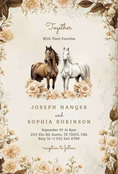Charming Rustic Horses Floral Wedding Ceremony Invitation Template