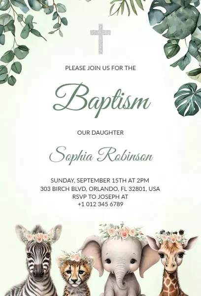 Charming Safari Animal Baptism Celebration Invitation Template