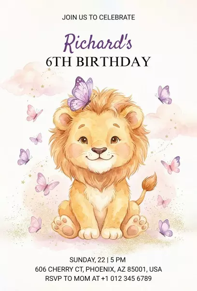 Charming Safari Lion Themed Birthday Celebration Invitation Template