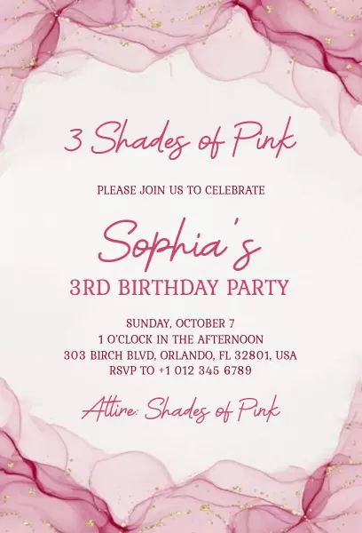 Charming Shades of Pink Third Birthday Celebration Invitation Template