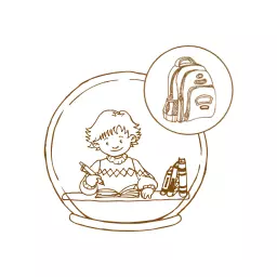 Charming Sketch of a Boy Reading with School Supplies Logo Template
