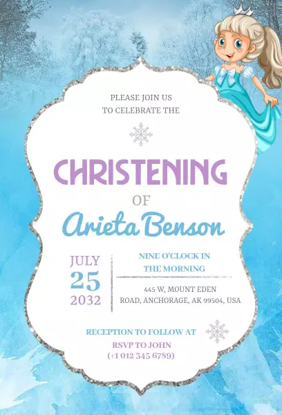 Charming Snowflake Theme Christening Celebration Invitation Template