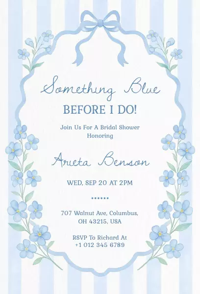Charming Something Blue Bridal Shower Celebration Invitation Template