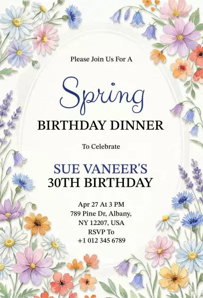 Charming Spring Floral Birthday Dinner Invitation Template