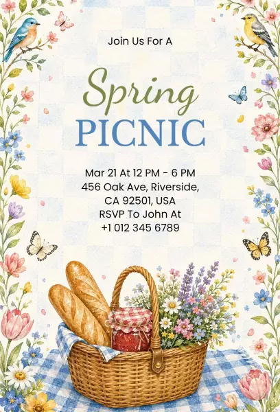 Charming Spring Floral Garden Picnic Invitation Template