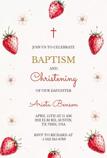 Charming Strawberry Floral Baptism Celebration Invitation Template