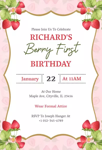 Charming Strawberry Themed First Birthday Celebration Invitation Template