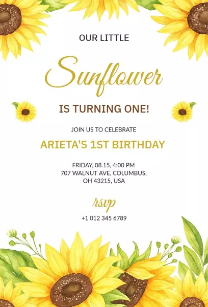 Charming Sunflower Floral First Birthday Celebration Invitation Template