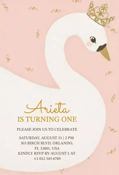 Charming Swan Princess 1st Birthday Celebration Invitation Template