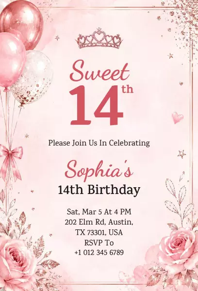 Charming Sweet 14th Birthday Celebration Invitation Template