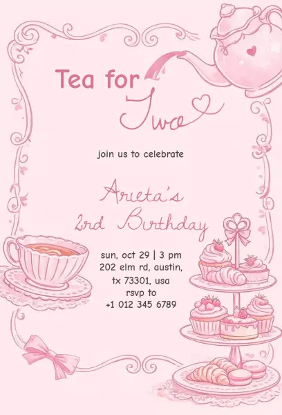 Charming Tea Party 2nd Birthday Celebration Invitation Template