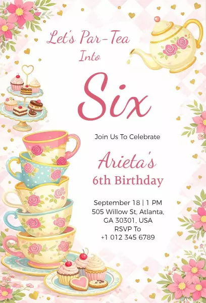 Charming Tea Party 6th Birthday Celebration Invitation Template