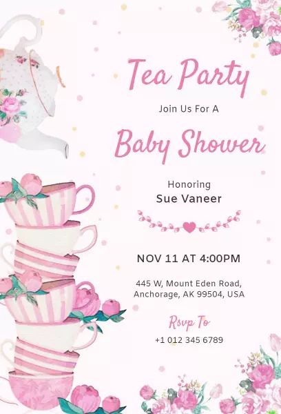 Charming Tea Party Baby Shower Celebration Invitation Template