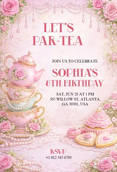 Charming Tea Party Celebration 8th Birthday Invitation Template