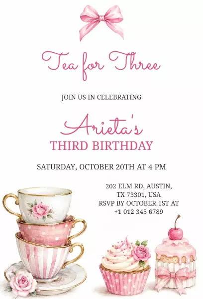 Charming Tea Party Celebration for Third Birthday Invitation Template