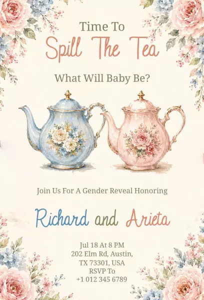 Charming Tea Party Gender Reveal Celebration Invitation Template