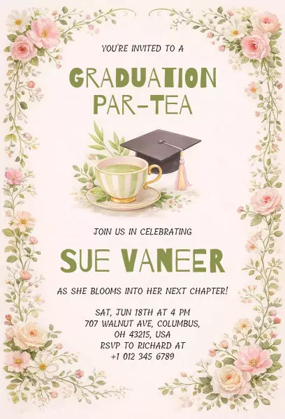 Charming Tea Party Graduation Celebration Invitation Template