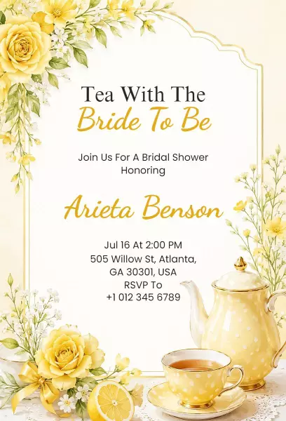Charming Tea Party Yellow Floral Bridal Shower Invitation Template