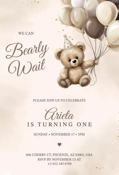 Charming Teddy Bear 1st Birthday Celebration Invitation Template