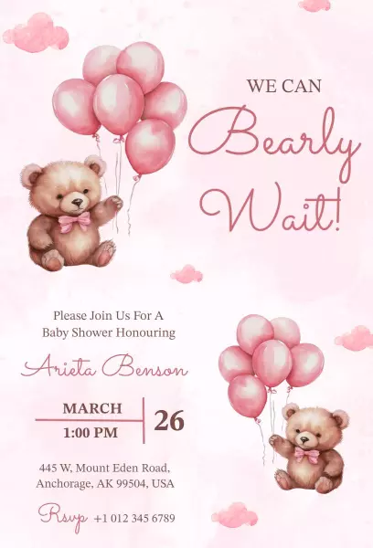 Charming Teddy Bear Baby Shower Celebration Invitation Template