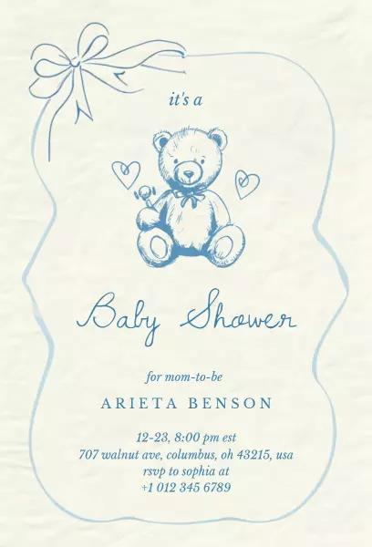 Charming Teddy Bear Blue Baby Shower Celebration Invitation Template