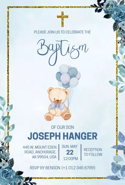 Charming Teddy Bear Blue Baptism Celebration Invitation Template