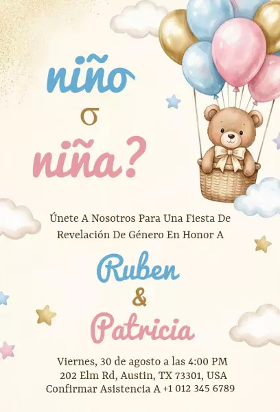 Charming Teddy Bear Gender Reveal Celebration Invitation Template