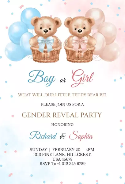 Charming Teddy Bear Gender Reveal Party Invitation Template
