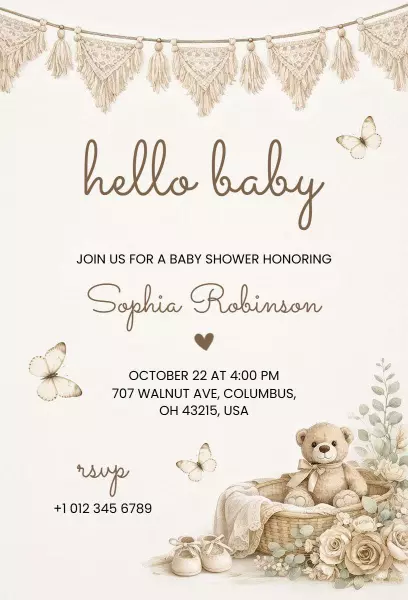 Charming Teddy Bear Neutral Baby Shower Invitation Template