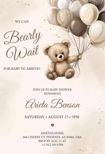 Charming Teddy Bear Theme Baby Shower Celebration Invitation Template