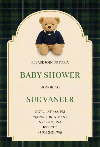 Charming Teddy Bear Theme Baby Shower Invitation Template