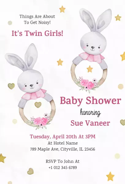 Charming Twin Girls Bunny Theme Baby Shower Invitation Template