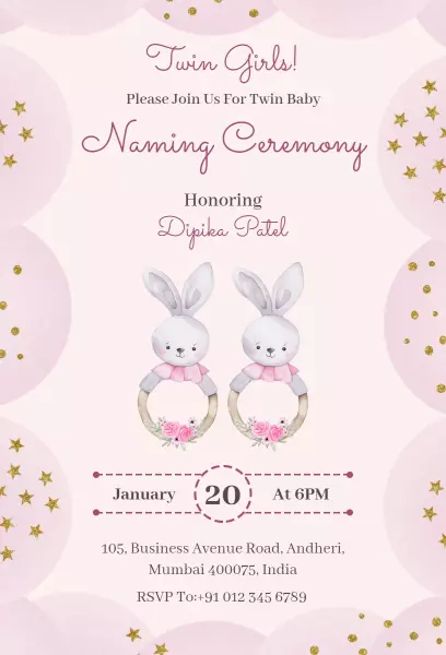 Charming Twin Girls Naming Ceremony Celebration Invitation Template