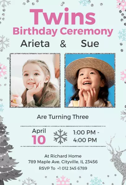Charming Twins Birthday Celebration Ceremony Invitation Template