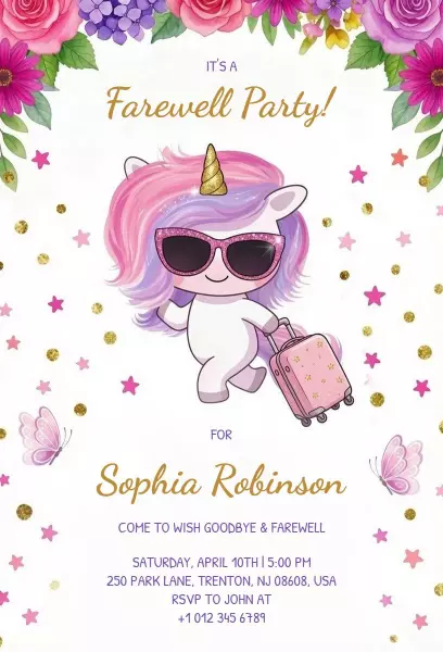Charming Unicorn Theme Farewell Party Celebration Invitation Template
