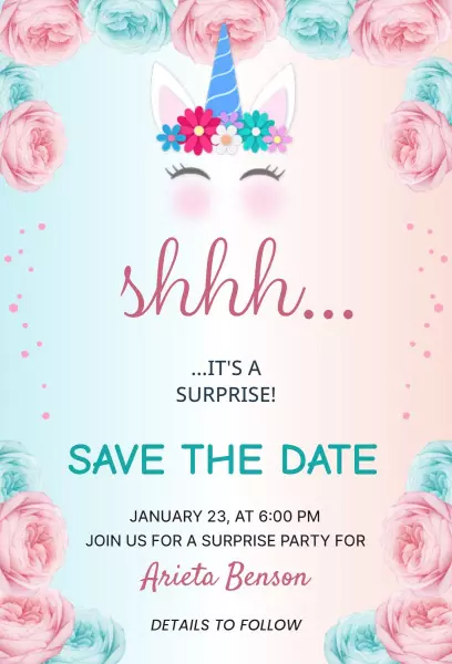 Charming Unicorn Themed Surprise Party Save The Date Invitation Template